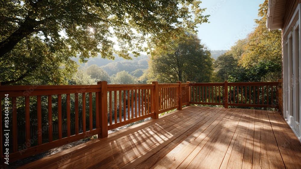 Obraz premium Wooden deck with railing overlooking lush green forest, sun rays filtering through trees creating shadows on floor