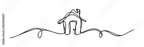Simple one line drawing of a house with a chimney and doorway, representing home ownership and shelter, perfect for property or real estate related themes.