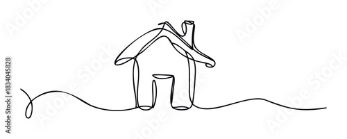 Simple one line drawing of a house with chimney and wavy ground line suitable for real estate or construction themes