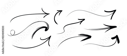 Collection of dynamic black hand drawn arrows and curved lines on a white background, perfect for infographics, presentations, and pointing out information visually.