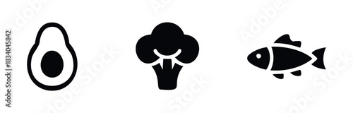Simple black icons representing avocado half, broccoli head, and a fish symbolizing healthy food choices and nutrition for wellness content.
