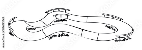 Black and white sketch of a roller coaster track with grassy mounds and railings, ideal for concept development and design inspiration in amusement park projects.