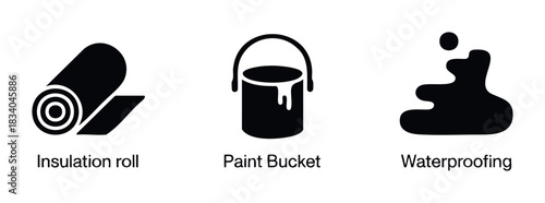 Construction and renovation icons show insulation roll, paint bucket and waterproofing liquid for home improvement and building projects.