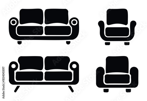 Collection of simple black silhouettes of modern sofas and armchairs for interior furnishing and furniture store concepts