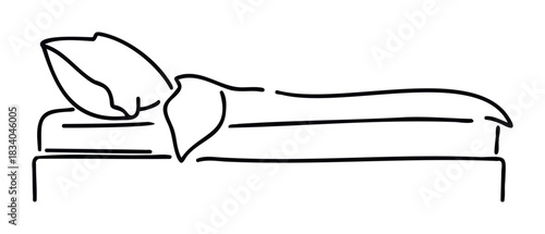 Minimalist outline drawing of a neatly made bed with a pillow and blanket, suggesting rest and comfort for sleep or relaxation contexts.