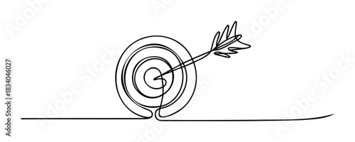 Single line drawing of a dart hitting the bullseye on a target, representing accuracy and success in achieving goals, ideal for business and marketing presentations.