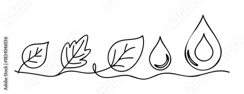Simple line drawing of leaves and water drops in progression, symbolizing growth and nature, suitable for environmental or wellness themes.