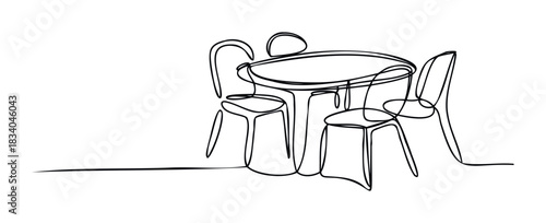 Simple line drawing of a round table and four chairs, ideal for cafe, restaurant, or home decor concepts and graphic use.