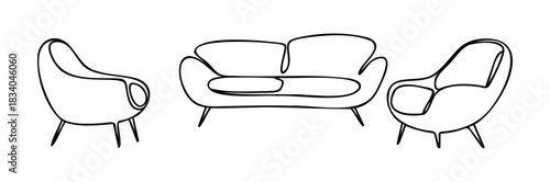 Modern outline furniture set with minimalist sofa and armchairs perfect for interior design projects and graphic representation of living spaces