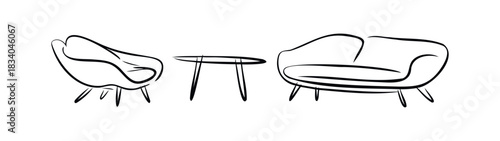 Sketch of modern lounge chairs and coffee table for contemporary interior scenes or graphic concepts, perfect for home decor or lifestyle themes.