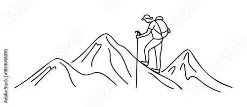 Lone hiker with backpack and poles stands atop a mountain peak, symbolizing adventure and achievement for travel and outdoor exploration concepts.