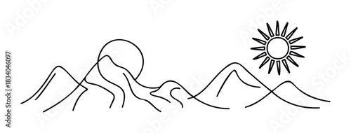 Minimalist line art depiction of sun and mountains, perfect for nature themes, travel promotions, and landscape graphics.