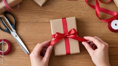 Hands tying a ribbon on a craft-paper gift from a top view with soft natural light, showing a clean holiday preparation scene ideal for seasonal campaigns