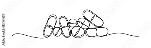 Continuous line drawing of assorted pills and capsules forming a group for medical or pharmaceutical concepts and treatments