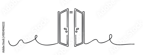 Open doors concept with wavy lines symbolizing opportunity and choice, great for visual metaphors in business and life decisions.