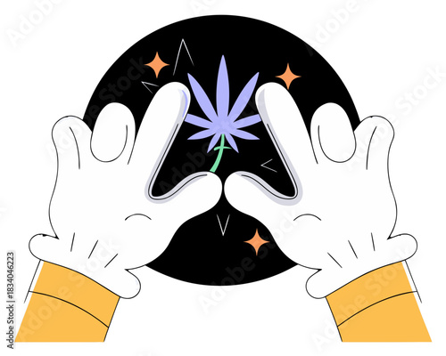Cartoon Gloved Hands Framing Cannabis Leaf Sparkles 420 Mickey Parody Black Circle