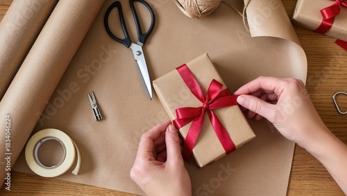 Hands tying a ribbon on a craft-paper gift from a top view with soft natural light, showing a clean holiday preparation scene ideal for seasonal campaigns