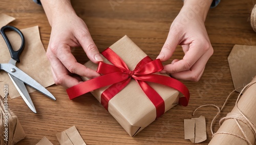 Hands tying a ribbon on a craft-paper gift from a top view with soft natural light, showing a clean holiday preparation scene ideal for seasonal campaigns