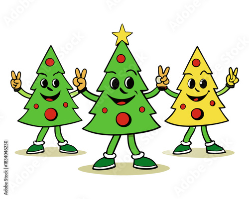 Dancing Christmas Trees SVG, Happy Retro Christmas Tree Trio Cartoon, Funny Peace Sign Xmas Trees Clipart