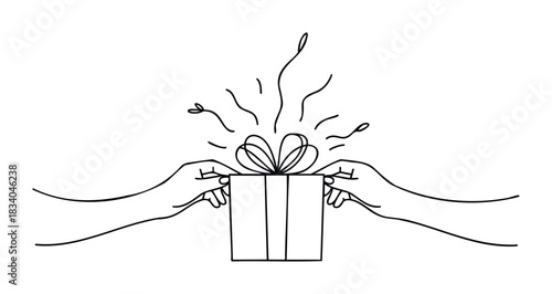 Hands holding and opening a surprise gift box with ribbons and sparkling light emanating from within for celebration or special occasions