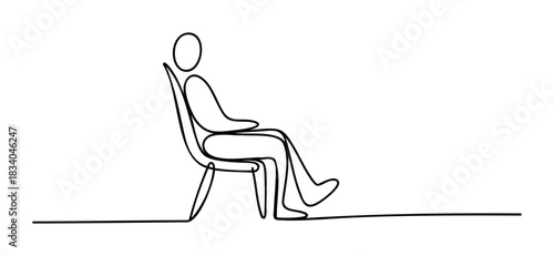 Minimalist single line drawing of a person sitting in a chair with one leg crossed, perfect for concepts of relaxation, contemplation or waiting, suitable for web or print use.