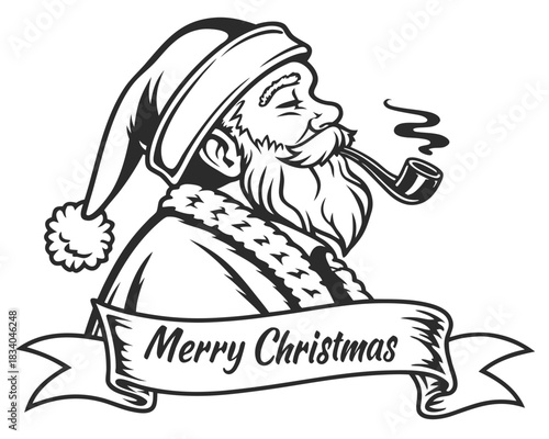 Vintage Santa Claus Smoking Pipe SVG, Merry Christmas Retro Line Art, Black and White Santa Illustration