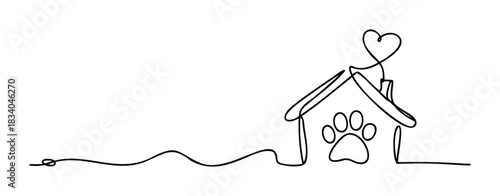 Continuous line drawing of a house with a paw print and heart symbolizing pet love and home, perfect for animal shelter or pet care businesses