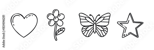 Simple line drawings of a heart, flower, butterfly, and star offering versatile graphic elements for various decorative and symbolic purposes.