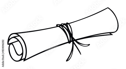 Simple black line drawing of a rolled up scroll tied with a ribbon, perfect for signifying education, achievement, or ancient documents in presentations and websites.