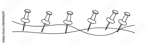 Black and white drawing of push pins holding down a wavy line, perfect for presentations, school projects, and organizational graphics