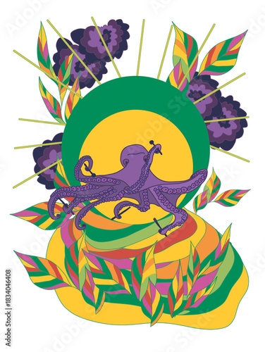 Cartoon animalistic illustration in Brazilian colors. Digital isolated image of a violet octopus. Exotic wallpaper with tropical foliage against a yellow-green sun. A totem animal for print or tattoo.