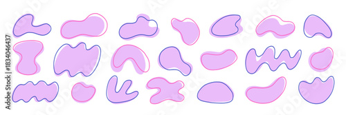 Pink Organic Soft Blob Amoeba Shape with Line Kit. Different Round Form Set. Abstract Organic Soft Blob Figure Bundle. Hand Drawn Vector Illustration