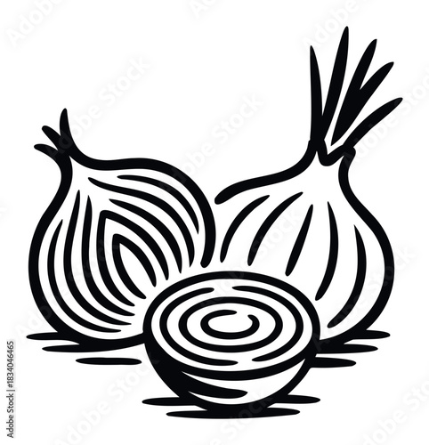 Stylized graphic of fresh onions cut in half and whole, ideal for healthy food promotion and culinary content creation