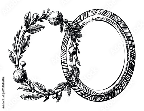 Ornate circular frame with botanical elements of leaves and berries intertwined with a detailed textured ring, perfect for invitations, branding, or decorative graphic accents.