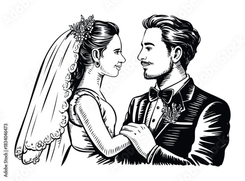 Newlywed couple holding hands, bride in veil with floral headpiece, groom in tuxedo with boutonniere, celebrating love and marriage, ideal for wedding invitations and romantic themes