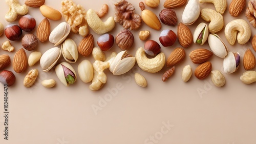 Assortment of healthy nuts forming a top border, providing copy space for nutrition and food snack concepts
