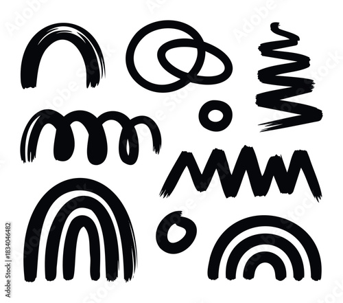 Collection of hand drawn abstract brush stroke shapes and scribbles for modern graphic projects and playful visual communication, perfect for social media and digital marketing.