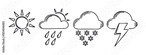 Set of hand drawn weather icons including sun, rain, snow, and lightning, perfect for meteorology apps and informational graphics.