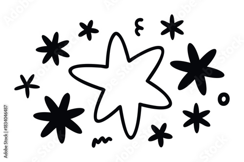 Explosion of stars and abstract shapes in black and white, perfect for graphic design projects and celebratory themes, offering a dynamic and energetic visual.