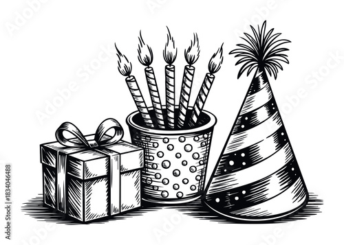 Birthday celebration graphic featuring a wrapped gift, lit candles in a holder, and a party hat ideal for invitations, decorations, or festive media projects