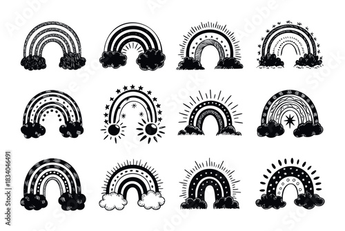 Collection of hand drawn black and white rainbow motifs with clouds, stars and sun symbols for childrens themes, greeting cards, and graphic overlays
