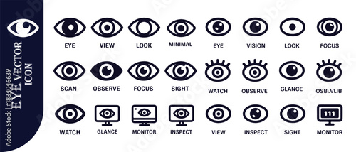 Eye vector icon set for view, look, minimal, vision, focus, scan, observe, sight, watch, glance