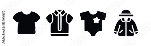 Collection of simple black glyph icons representing various clothing items, including a tshirt, collared shirt, bodysuit, and jacket with a hat, suitable for web or app usability graphics.