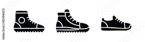 Collection of footwear icons representing different shoe styles including hightop boots and athletic sneakers for use in graphic projects and digital platforms