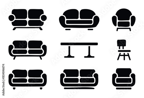Collection of Black Furniture Icons Including Sofas Armchairs Table and Chair for Interior Decorating and Property Listing Applications