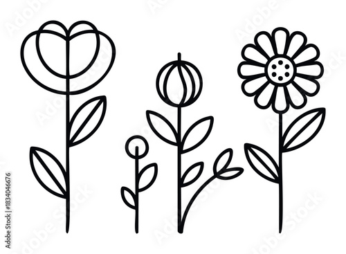 Simple stylized line drawings of various flowers and leaves in a minimalist aesthetic, perfect for natural themes, garden visuals, and springtime celebrations.