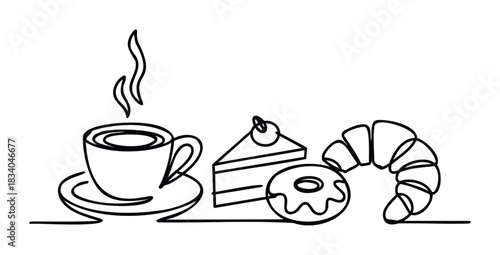 Line art depicts a steaming coffee cup with saucer, a slice of cake, a donut, and a croissant for a delightful breakfast or bakery concept.