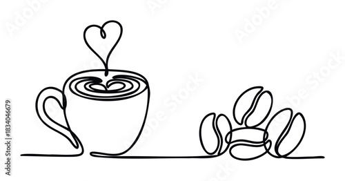 Single line drawing of a steaming coffee cup with heart steam and scattered coffee beans, perfect for cafe branding and beverage promotions