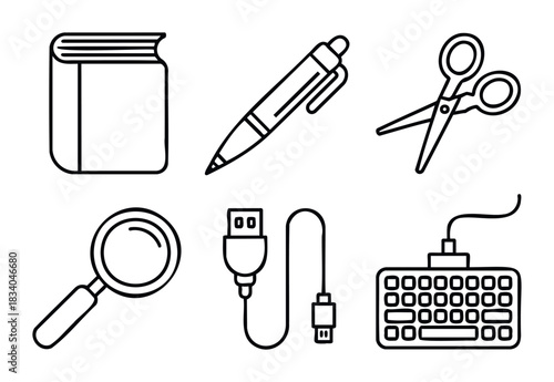 Collection of stationery and office supplies icons including a book, pen, scissors, magnifying glass, USB cable and keyboard for educational or business concepts.