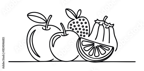 Black and white outline assortment of fresh fruits including apples, strawberry, orange slice, and melon for healthy eating and beverage concepts.